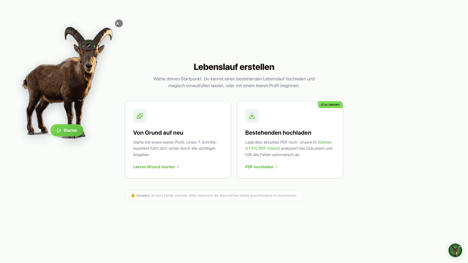 Auswahldialog für den Lebenslauf-Import auf Desktop